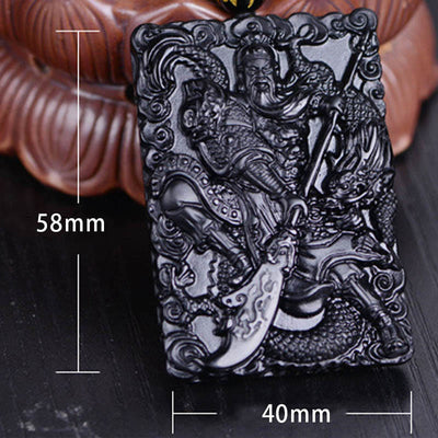 Pendentif de collier Foviel en obsidienne noire gravée, amulette Guan Gong, force