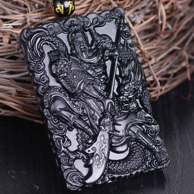 Pendentif de collier Foviel en obsidienne noire gravée, amulette Guan Gong, force
