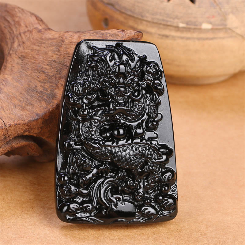 Foviel Black Obsidian Dragon Carved Luck Protection Necklace Pendant