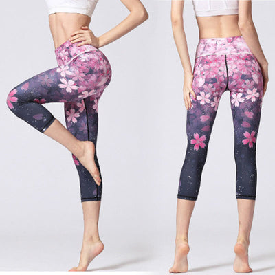Buddha Stones Cherry Blossoms Sakura Lines Print Sports Yoga Cropped Leggings Women's Yoga Capri Pants - image 4