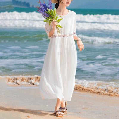 Buddha Stones Solid Color Embroidery Short Sleeve Cotton Midi Dress - image 12