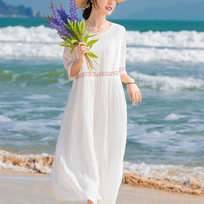Buddha Stones Solid Color Embroidery Short Sleeve Cotton Midi Dress - image 14