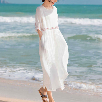 Buddha Stones Solid Color Embroidery Short Sleeve Cotton Midi Dress - image 16