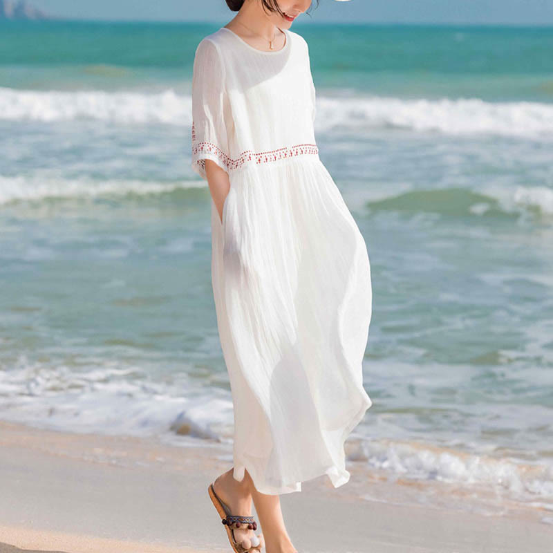 Buddha Stones Solid Color Embroidery Short Sleeve Cotton Midi Dress - image 16
