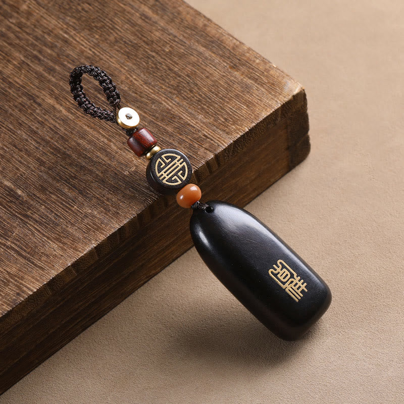 Porte-clés de protection Foviel en bois de santal rouge à petites feuilles et bois d'ébène avec pièce de monnaie en cuivre porte-bonheur