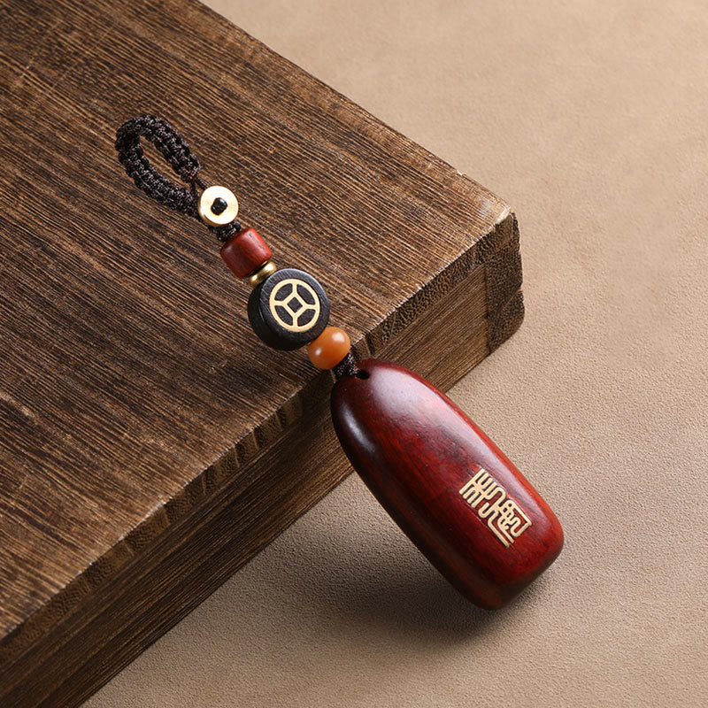 Porte-clés de protection Foviel en bois de santal rouge à petites feuilles et bois d'ébène avec pièce de monnaie en cuivre porte-bonheur