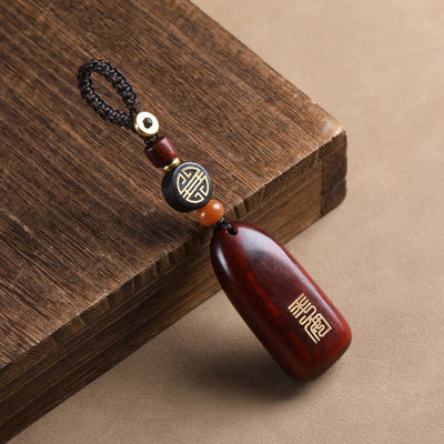 Porte-clés de protection Foviel en bois de santal rouge à petites feuilles et bois d'ébène avec pièce de monnaie en cuivre porte-bonheur