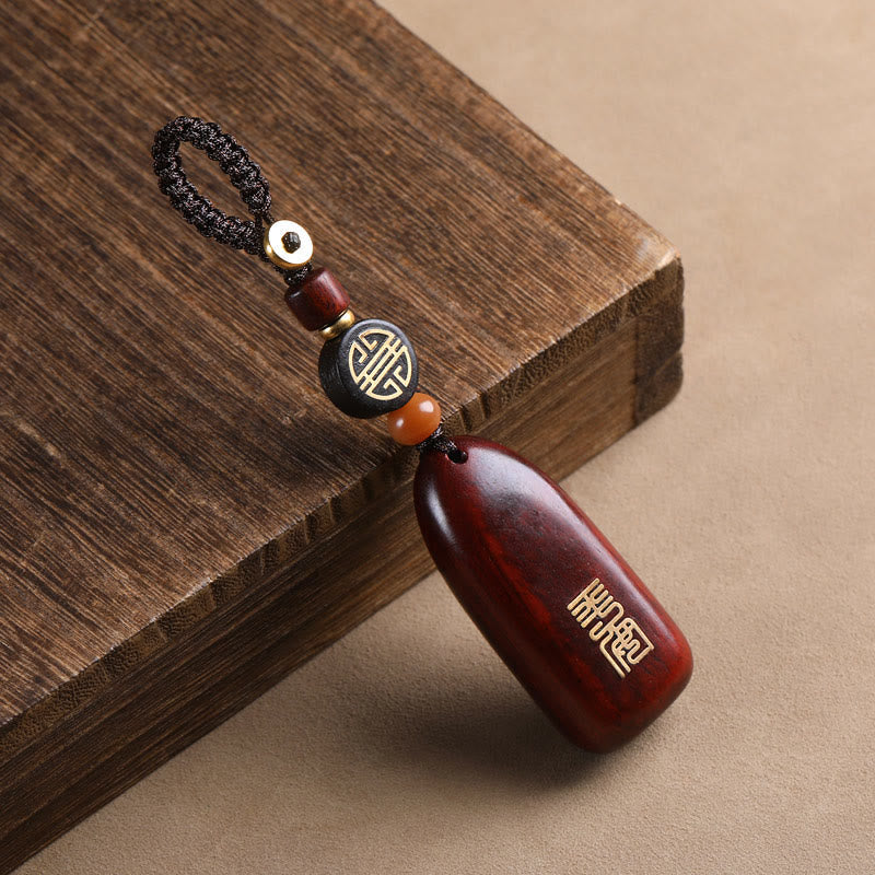 Porte-clés de protection Foviel en bois de santal rouge à petites feuilles et bois d'ébène avec pièce de monnaie en cuivre porte-bonheur