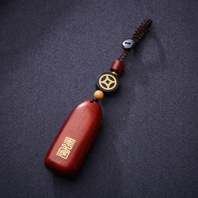 Porte-clés de protection Foviel en bois de santal rouge à petites feuilles et bois d'ébène avec pièce de monnaie en cuivre porte-bonheur