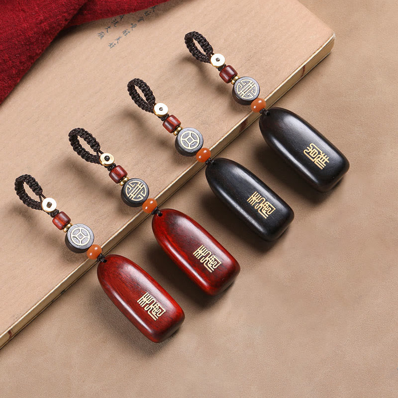 Porte-clés de protection Foviel en bois de santal rouge à petites feuilles et bois d'ébène avec pièce de monnaie en cuivre porte-bonheur