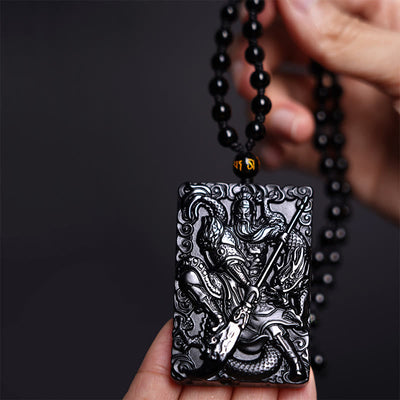 Pendentif de collier Foviel en obsidienne noire gravée, amulette Guan Gong, force