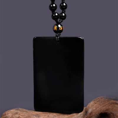 Pendentif de collier Foviel en obsidienne noire gravée, amulette Guan Gong, force