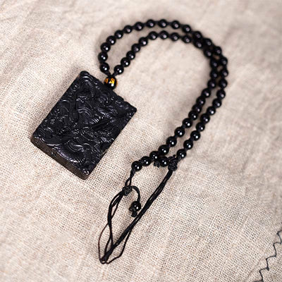 Pendentif de collier Foviel en obsidienne noire gravée, amulette Guan Gong, force