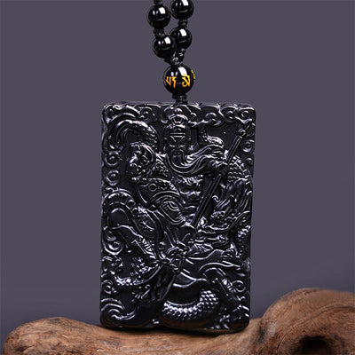 Pendentif de collier Foviel en obsidienne noire gravée, amulette Guan Gong, force