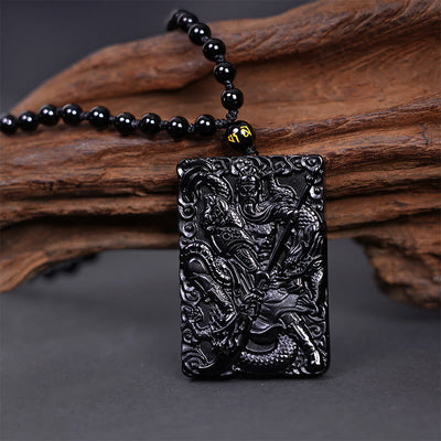 Pendentif de collier Foviel en obsidienne noire gravée, amulette Guan Gong, force