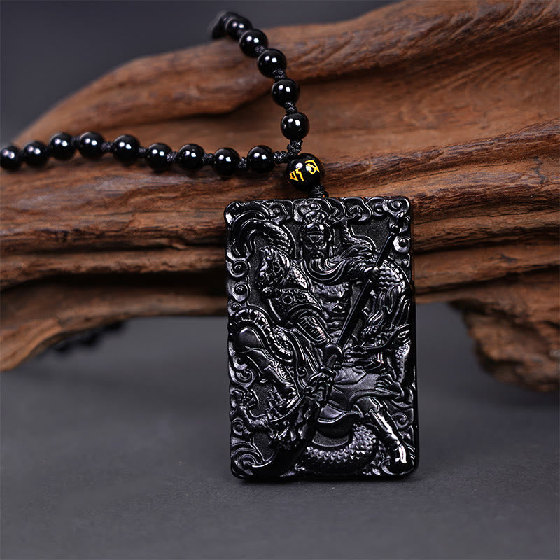 Pendentif de collier Foviel en obsidienne noire gravée, amulette Guan Gong, force