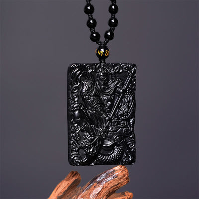 Pendentif de collier Foviel en obsidienne noire gravée, amulette Guan Gong, force