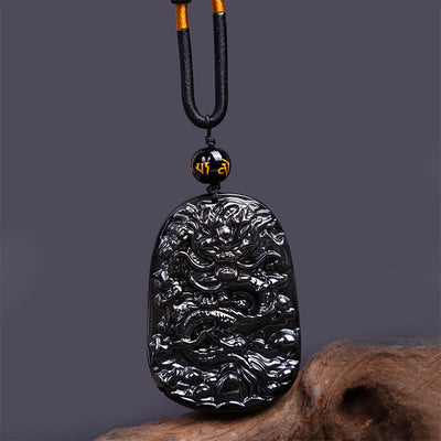 Foviel Black Obsidian Dragon Carved Luck Protection Necklace Pendant