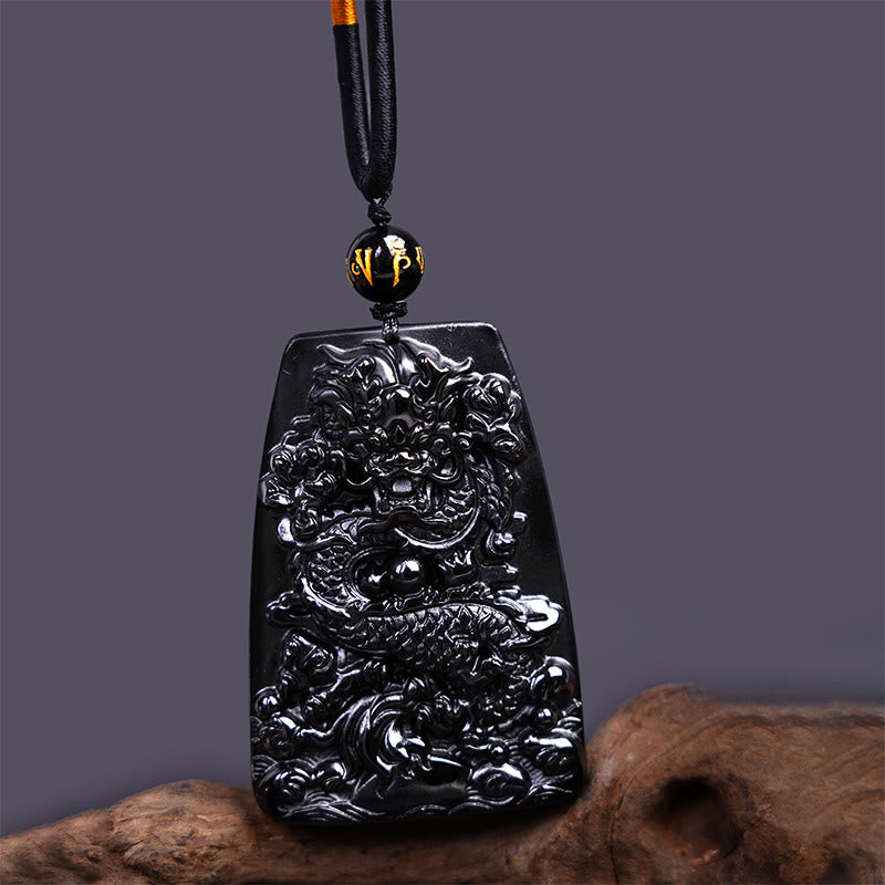 Foviel Black Obsidian Dragon Carved Luck Protection Necklace Pendant