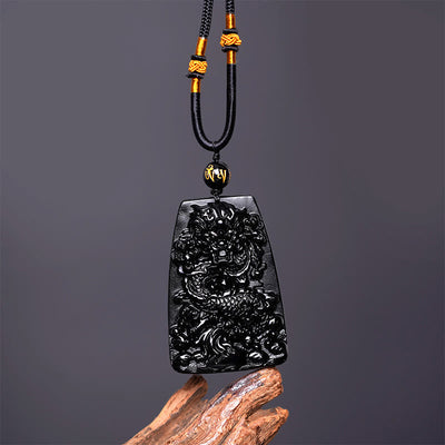Foviel Black Obsidian Dragon Carved Luck Protection Necklace Pendant