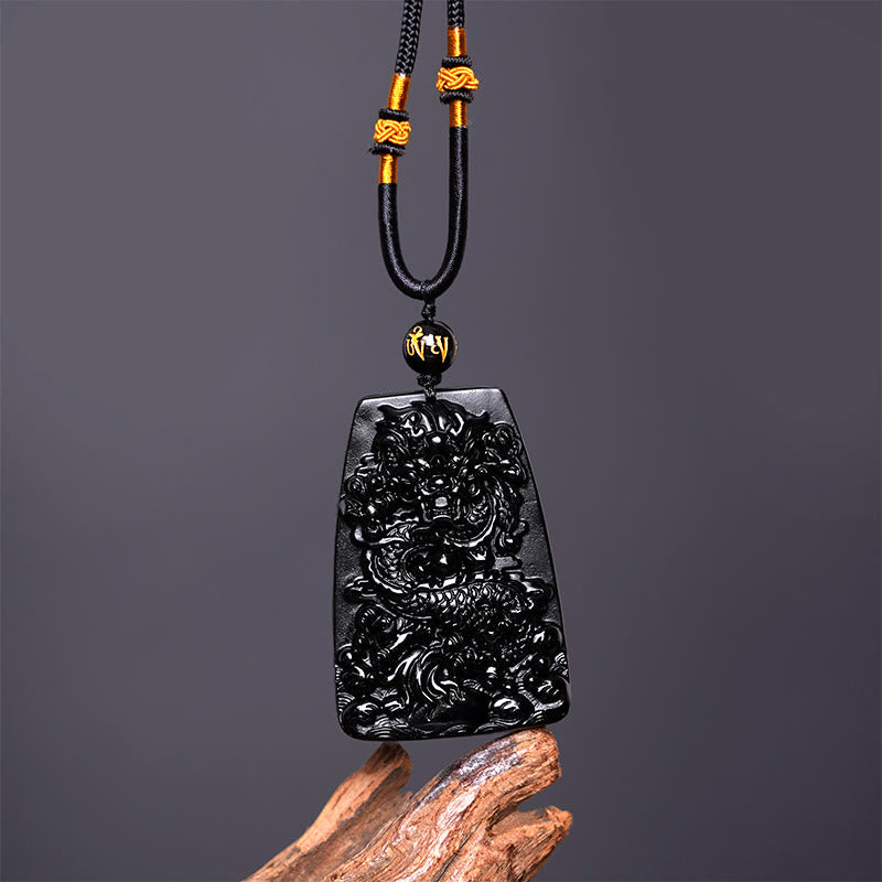 Foviel Black Obsidian Dragon Carved Luck Protection Necklace Pendant