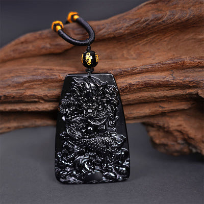 Foviel Black Obsidian Dragon Carved Luck Protection Necklace Pendant