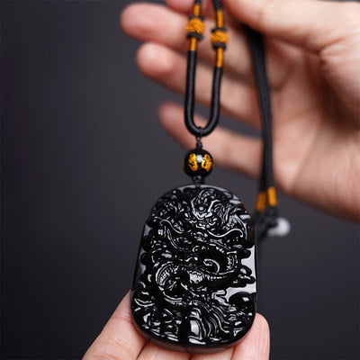 Foviel Black Obsidian Dragon Carved Luck Protection Necklace Pendant