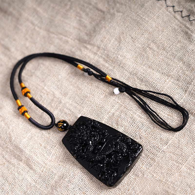 Foviel Black Obsidian Dragon Carved Luck Protection Necklace Pendant