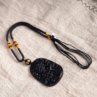 Foviel Black Obsidian Dragon Carved Luck Protection Necklace Pendant