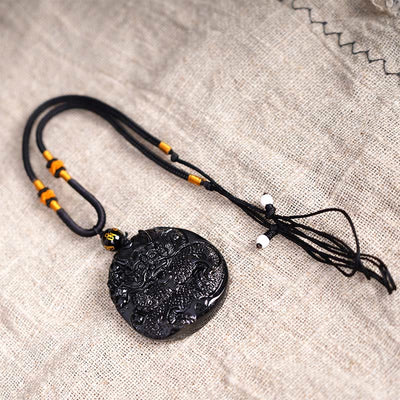 Pendentif collier de protection Foviel en obsidienne noire naturelle sculpté en forme de dragon