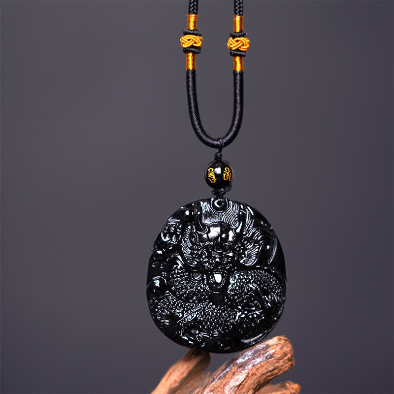 Pendentif collier de protection Foviel en obsidienne noire naturelle sculpté en forme de dragon