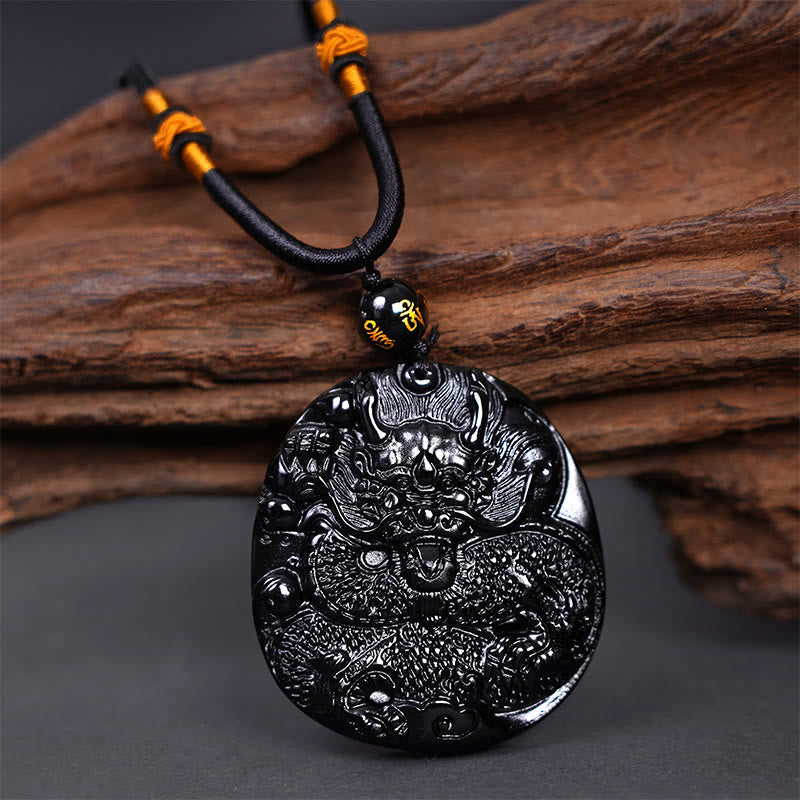 Pendentif collier de protection Foviel en obsidienne noire naturelle sculpté en forme de dragon