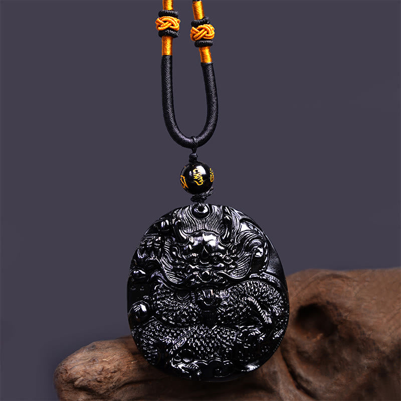 Pendentif collier de protection Foviel en obsidienne noire naturelle sculpté en forme de dragon