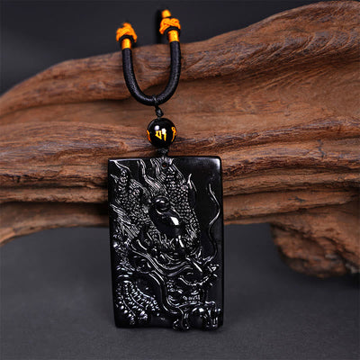 Pendentif collier Foviel en obsidienne noire naturelle rectangulaire gravé d'un dragon pour le succès