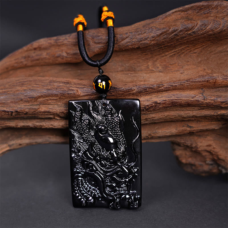 Pendentif collier Foviel en obsidienne noire naturelle rectangulaire gravé d'un dragon pour le succès