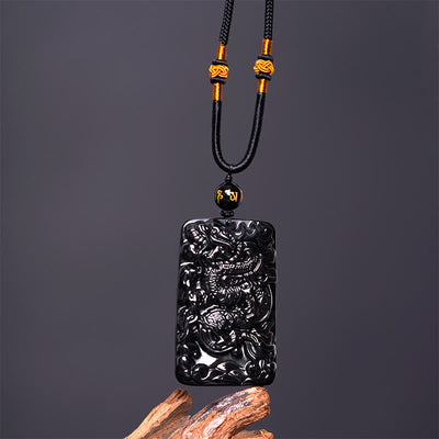 Pendentif collier Foviel en obsidienne noire naturelle rectangulaire gravé d'un dragon pour le succès