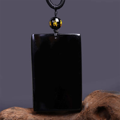 Pendentif collier Foviel en obsidienne noire naturelle rectangulaire gravé d'un dragon pour le succès