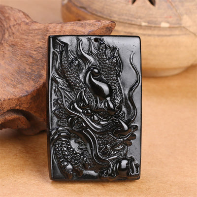 Pendentif collier Foviel en obsidienne noire naturelle rectangulaire gravé d'un dragon pour le succès