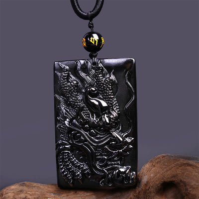 Pendentif collier Foviel en obsidienne noire naturelle rectangulaire gravé d'un dragon pour le succès