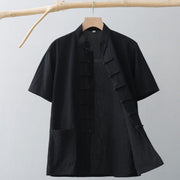 Foviel Chinese Frog-Button Tang Suit Men's Short Sleeve Shirt Cotton Linen Clothing With Pockets