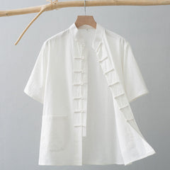 Buddha Stones Chinese Frog-Button Tang Suit Men's Short Sleeve Shirt Cotton Linen Clothing With Pockets - White - US/UK/AU44，EU54 (4XL) - image 0