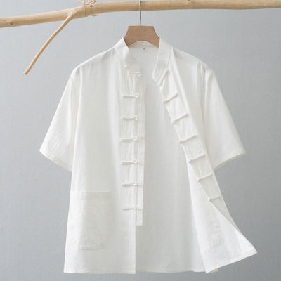 Buddha Stones Chinese Frog-Button Tang Suit Men's Short Sleeve Shirt Cotton Linen Clothing With Pockets - White - US/UK/AU44，EU54 (4XL) - image 0