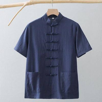 Buddha Stones Chinese Frog-Button Tang Suit Men's Short Sleeve Shirt Cotton Linen Clothing With Pockets - image 14