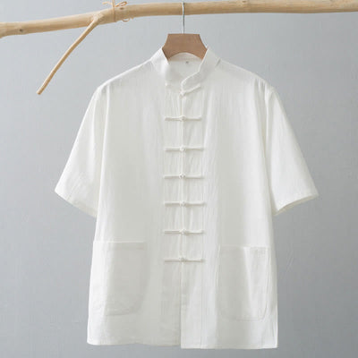 Buddha Stones Chinese Frog-Button Tang Suit Men's Short Sleeve Shirt Cotton Linen Clothing With Pockets - image 1