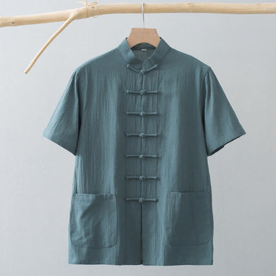 Buddha Stones Chinese Frog-Button Tang Suit Men's Short Sleeve Shirt Cotton Linen Clothing With Pockets - image 8