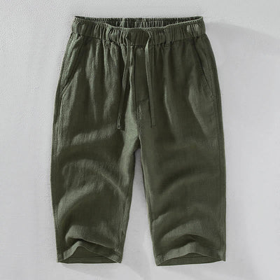 Foviel Men's Solid Color Ramie Linen Drawstring Cropped Pants With Pockets