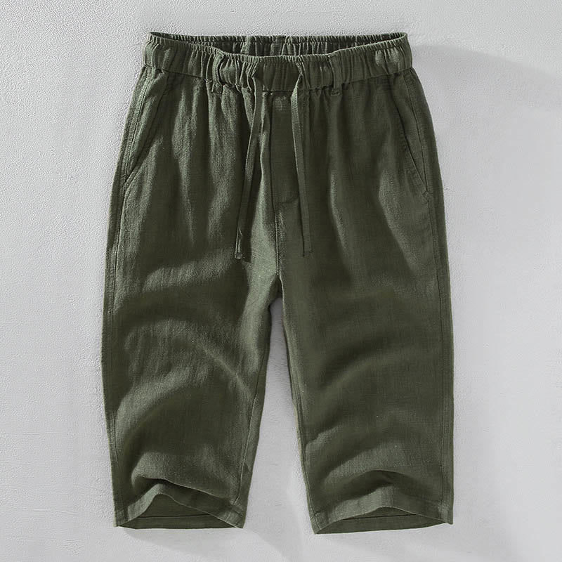 Foviel Men's Solid Color Ramie Linen Drawstring Cropped Pants With Pockets