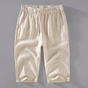 Foviel Men's Solid Color Ramie Linen Drawstring Cropped Pants With Pockets