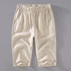 Foviel Men's Solid Color Ramie Linen Drawstring Cropped Pants With Pockets
