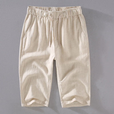 Foviel Men's Solid Color Ramie Linen Drawstring Cropped Pants With Pockets